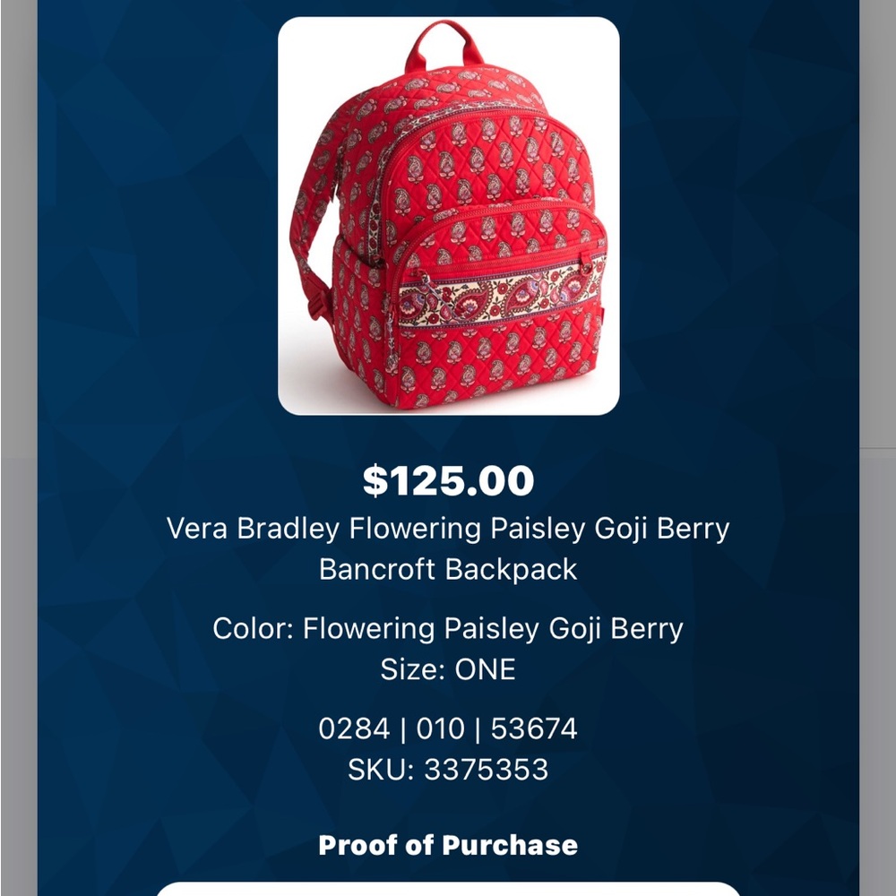 Vera Bradley Red Flowering Paisley Backpack